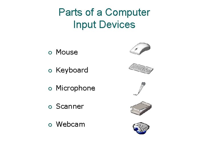 Parts of a Computer Input Devices ¡ Mouse ¡ Keyboard ¡ Microphone ¡ Scanner Parts of a Computer Input Devices ¡ Mouse ¡ Keyboard ¡ Microphone ¡ Scanner