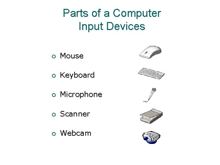 Parts of a Computer Input Devices ¡ Mouse ¡ Keyboard ¡ Microphone ¡ Scanner