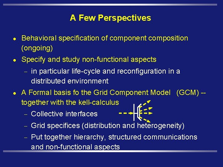 A Few Perspectives l l Behavioral specification of component composition (ongoing) Specify and study
