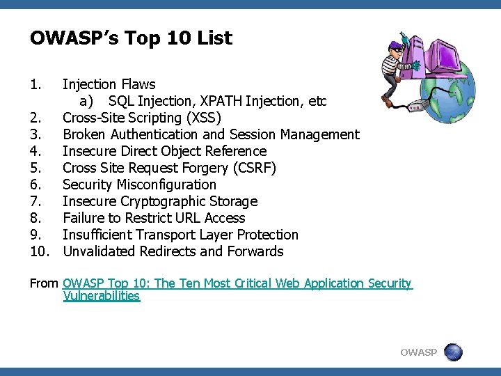 OWASP’s Top 10 List 1. Injection Flaws a) SQL Injection, XPATH Injection, etc 2.