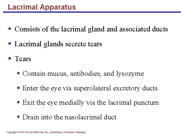 Lacrimal Apparatus § Consists of the lacrimal gland associated ducts § Lacrimal glands secrete