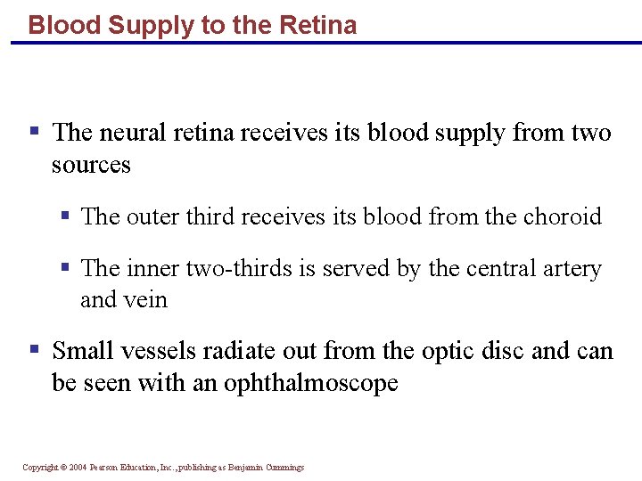 Blood Supply to the Retina § The neural retina receives its blood supply from