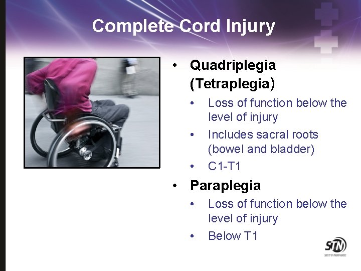 Complete Cord Injury • Quadriplegia (Tetraplegia) • • • Loss of function below the