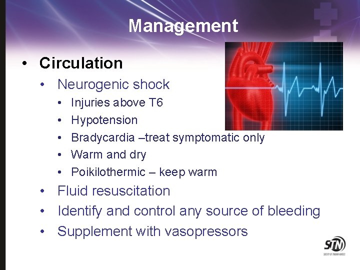 Management • Circulation • Neurogenic shock • • • Injuries above T 6 Hypotension