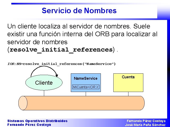 Servicio de Nombres Un cliente localiza al servidor de nombres. Suele existir una función