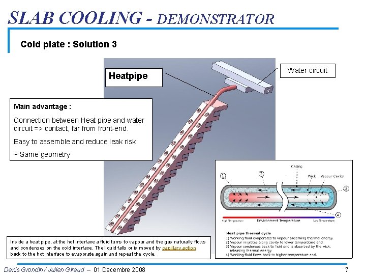 SLAB COOLING - DEMONSTRATOR Cold plate : Solution 3 Heatpipe Water circuit Main advantage
