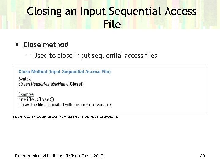 Closing an Input Sequential Access File • Close method – Used to close input