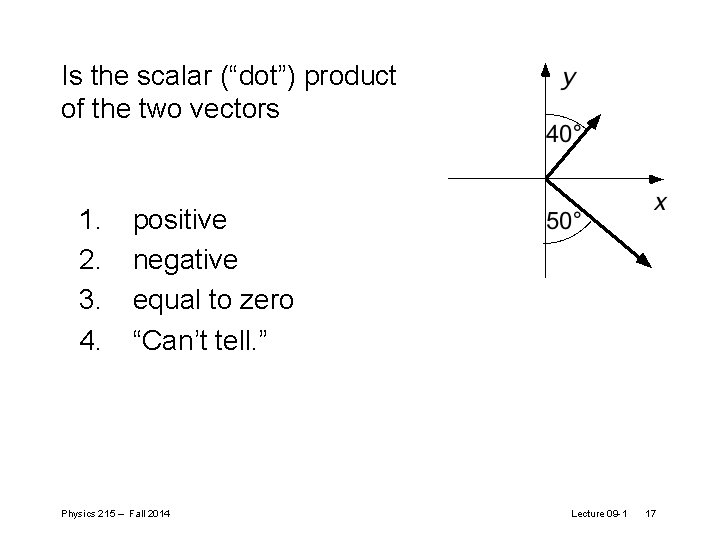 Is the scalar (“dot”) product of the two vectors 1. 2. 3. 4. positive Is the scalar (“dot”) product of the two vectors 1. 2. 3. 4. positive