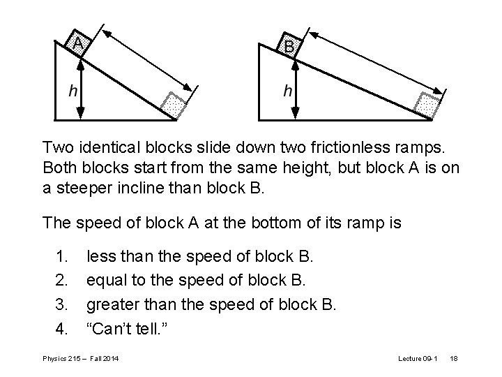 Two identical blocks slide down two frictionless ramps. Both blocks start from the same Two identical blocks slide down two frictionless ramps. Both blocks start from the same