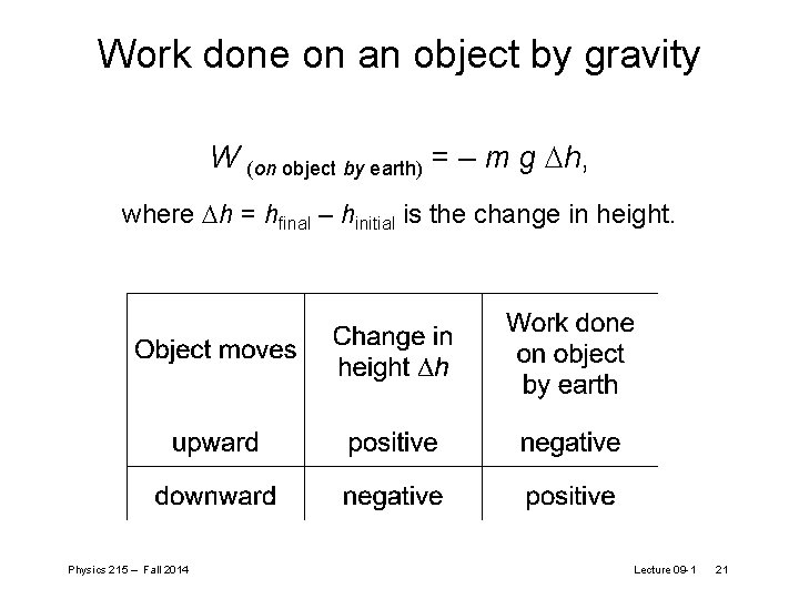 Work done on an object by gravity W (on object by earth) = – Work done on an object by gravity W (on object by earth) = –