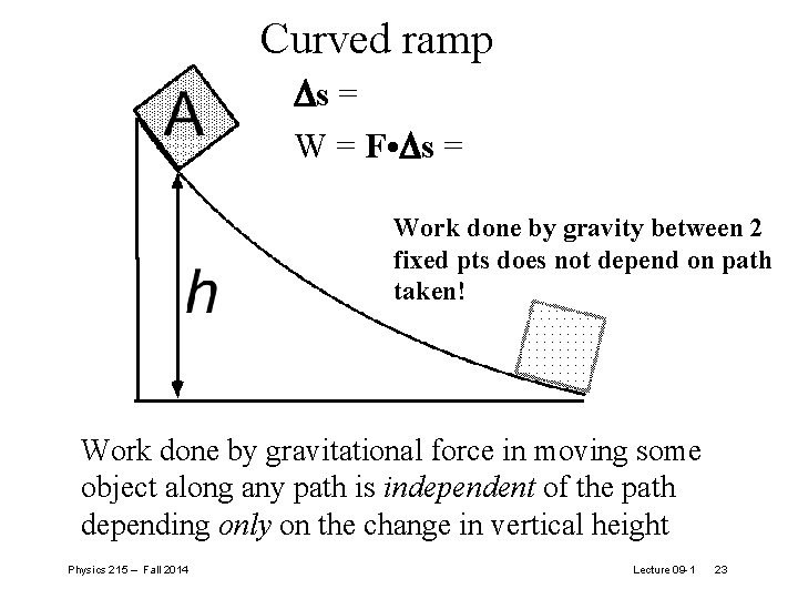 Curved ramp s = W = F • s = Work done by gravity Curved ramp s = W = F • s = Work done by gravity