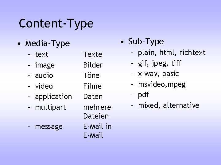Content-Type • Sub-Type • Media-Type – – – text image audio video application multipart