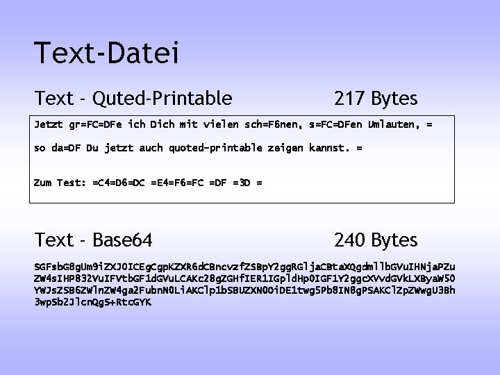 Text-Datei Text - Quted-Printable 217 Bytes Jetzt gr=FC=DFe ich Dich mit vielen sch=F 6
