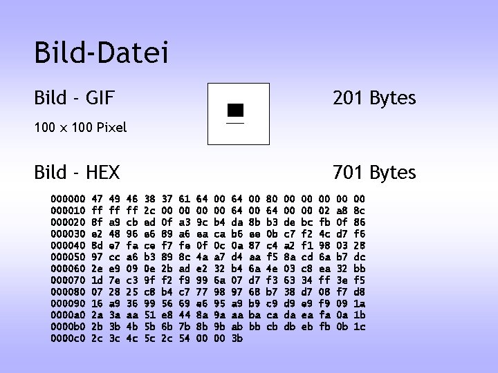 Bild-Datei Bild - GIF 201 Bytes 100 x 100 Pixel Bild - HEX 00000010