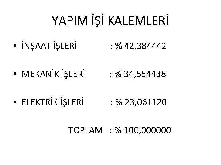 YAPIM İŞİ KALEMLERİ • İNŞAAT İŞLERİ : % 42, 384442 • MEKANİK İŞLERİ :