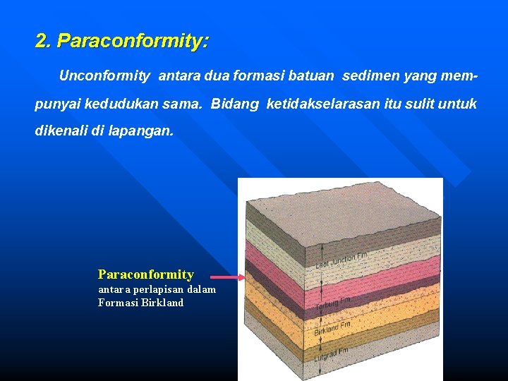 2. Paraconformity: Unconformity antara dua formasi batuan sedimen yang mempunyai kedudukan sama. Bidang ketidakselarasan