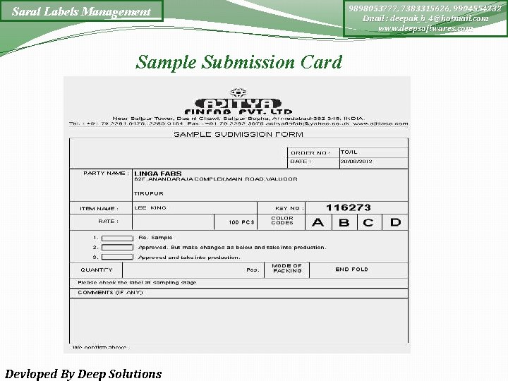 Saral Labels Management Sample Submission Card Devloped By Deep Solutions 9898053777, 7383315626, 9904554232 Email