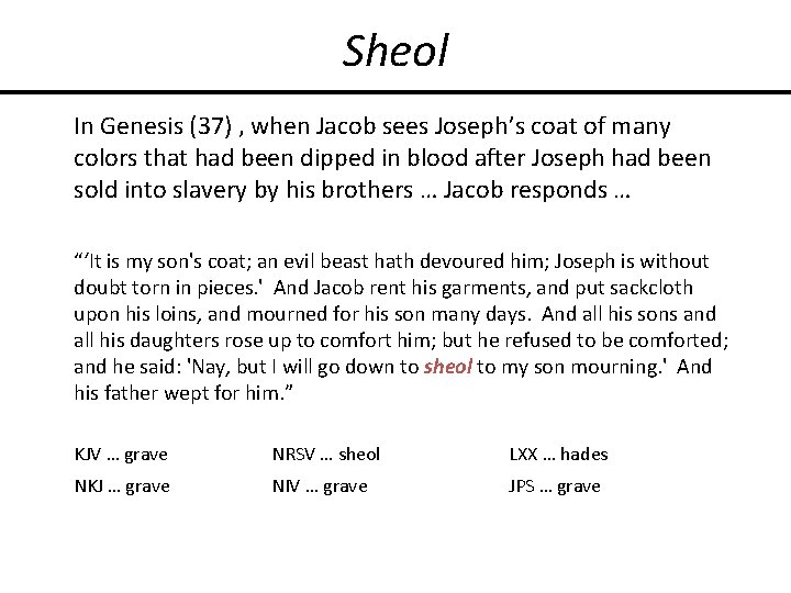 Sheol In Genesis (37) , when Jacob sees Joseph’s coat of many colors that