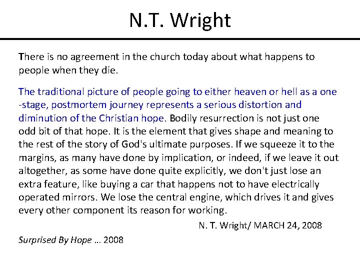 N. T. Wright There is no agreement in the church today about what happens