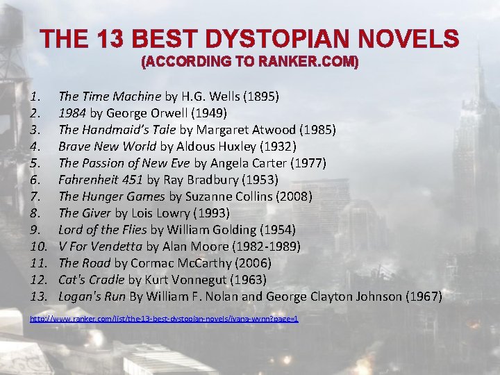 THE 13 BEST DYSTOPIAN NOVELS (ACCORDING TO RANKER. COM) 1. 2. 3. 4. 5.