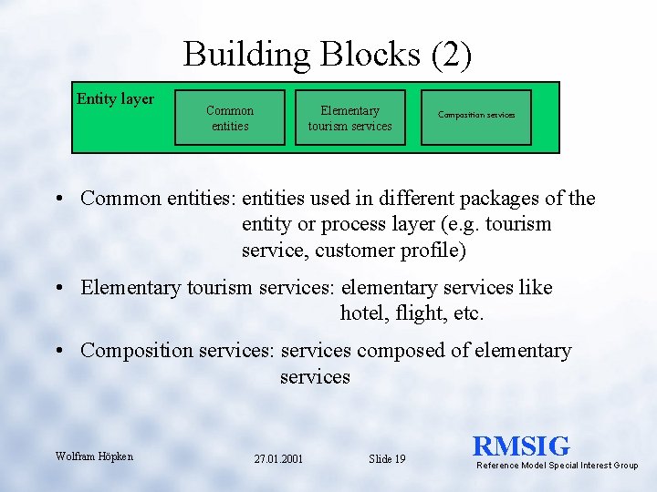 Building Blocks (2) Entity layer Common entities Elementary tourism services Composition services • Common