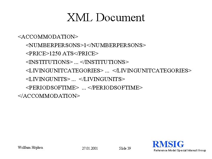 XML Document <ACCOMMODATION> <NUMBERPERSONS>1</NUMBERPERSONS> <PRICE>1250 ATS</PRICE> <INSTITUTIONS>. . . </INSTITUTIONS> <LIVINGUNITCATEGORIES>. . . </LIVINGUNITCATEGORIES>