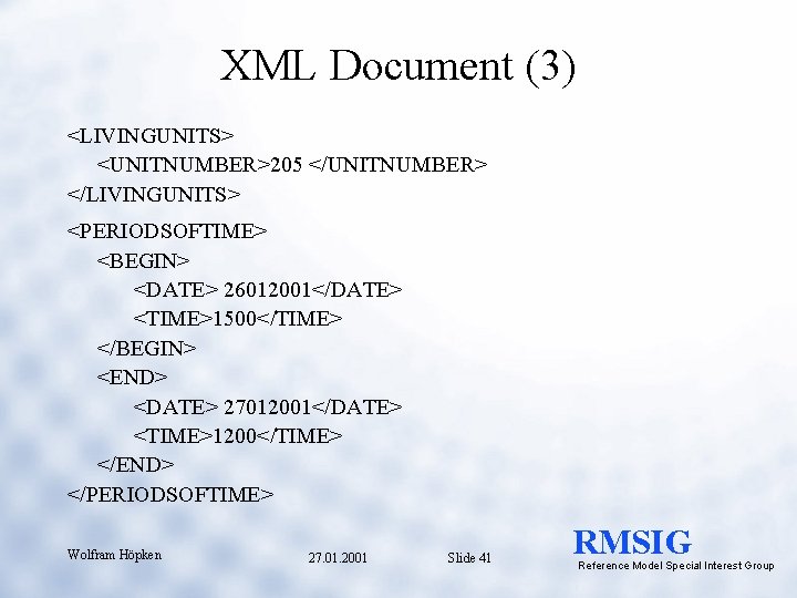 XML Document (3) <LIVINGUNITS> <UNITNUMBER>205 </UNITNUMBER> </LIVINGUNITS> <PERIODSOFTIME> <BEGIN> <DATE> 26012001</DATE> <TIME>1500</TIME> </BEGIN> <END>