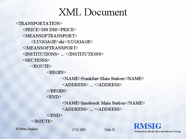 XML Document <TRANSPORTATION> <PRICE>180 DM</PRICE> <MEANSOFTRANSPORT> <LUGGAGE>ski</LUGGAGE> </MEANSOFTRANSPORT> <INSTITUTIONS>. . . </INSTITUTIONS> <SECTIONS> <ROUTE>