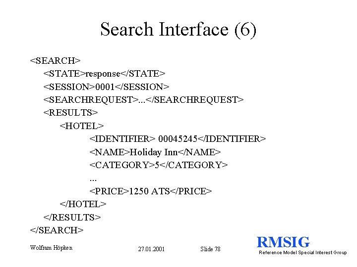 Search Interface (6) <SEARCH> <STATE>response</STATE> <SESSION>0001</SESSION> <SEARCHREQUEST>. . . </SEARCHREQUEST> <RESULTS> <HOTEL> <IDENTIFIER> 00045245</IDENTIFIER>