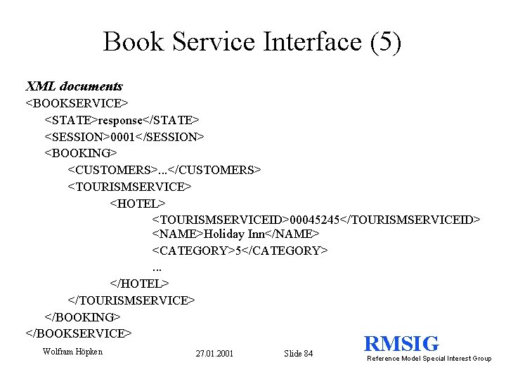 Book Service Interface (5) XML documents <BOOKSERVICE> <STATE>response</STATE> <SESSION>0001</SESSION> <BOOKING> <CUSTOMERS>. . . </CUSTOMERS>