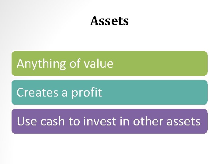 Assets Anything of value Creates a profit Use cash to invest in other assets