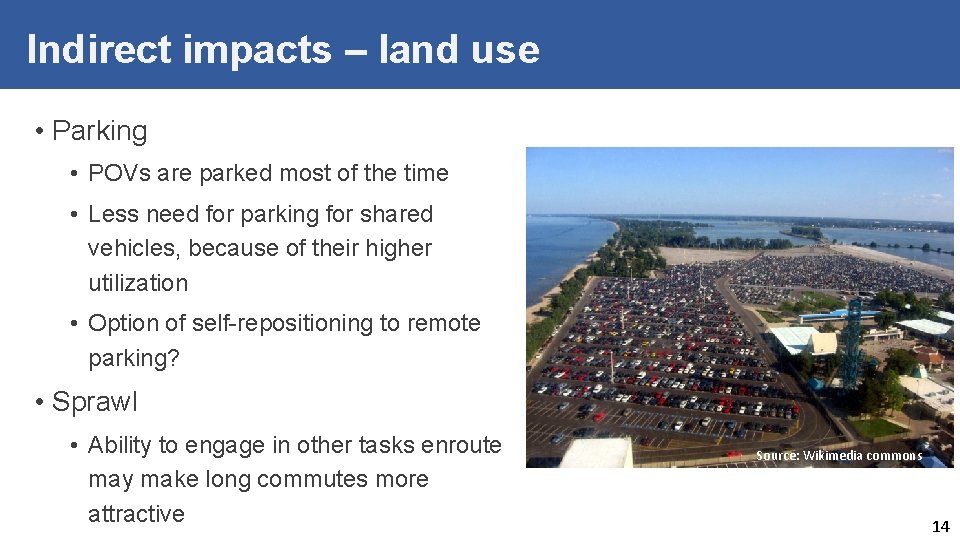 Indirect impacts – land use • Parking • POVs are parked most of the