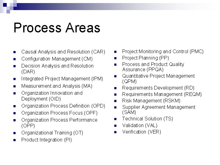 Process Areas n n n Causal Analysis and Resolution (CAR) Configuration Management (CM) Decision