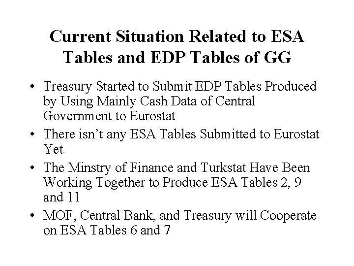 Current Situation Related to ESA Tables and EDP Tables of GG • Treasury Started