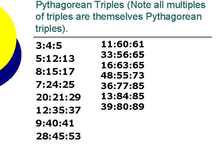 Pythagorean Triples (Note all multiples of triples are themselves Pythagorean triples). 3: 4: 5