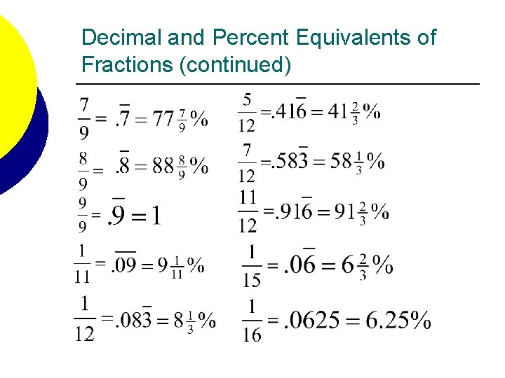 Decimal and Percent Equivalents of Fractions (continued) 