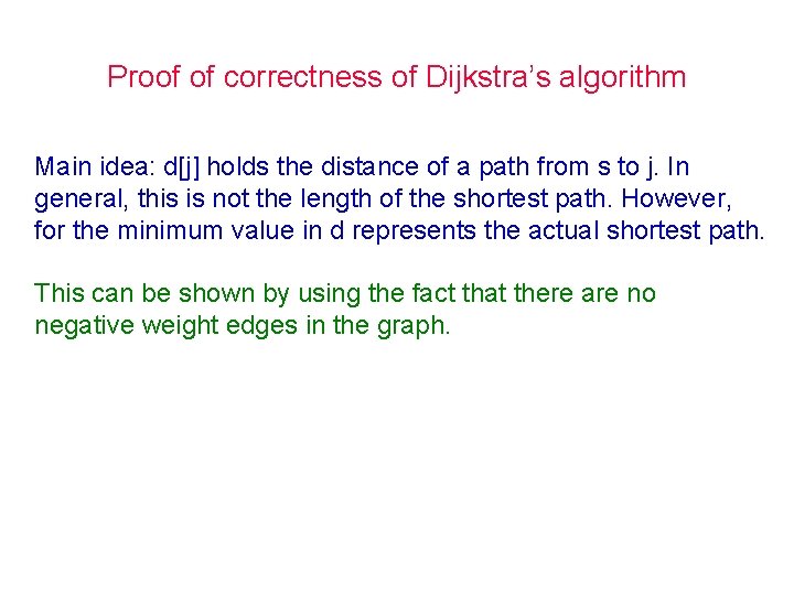 Proof of correctness of Dijkstra’s algorithm Main idea: d[j] holds the distance of a