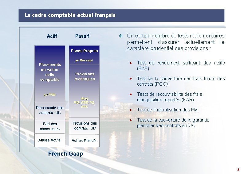 Le cadre comptable actuel français Un certain nombre de tests règlementaires permettent d’assurer actuellement