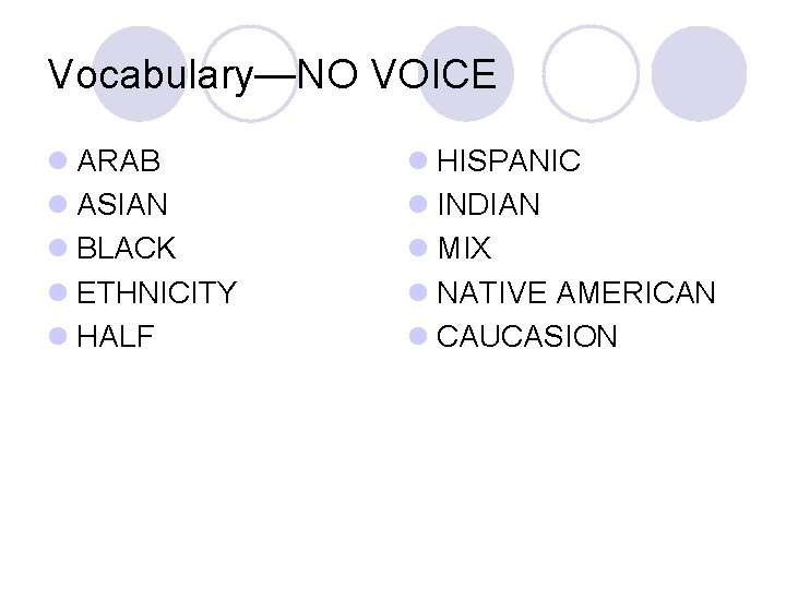 Vocabulary—NO VOICE l ARAB l ASIAN l BLACK l ETHNICITY l HALF l HISPANIC