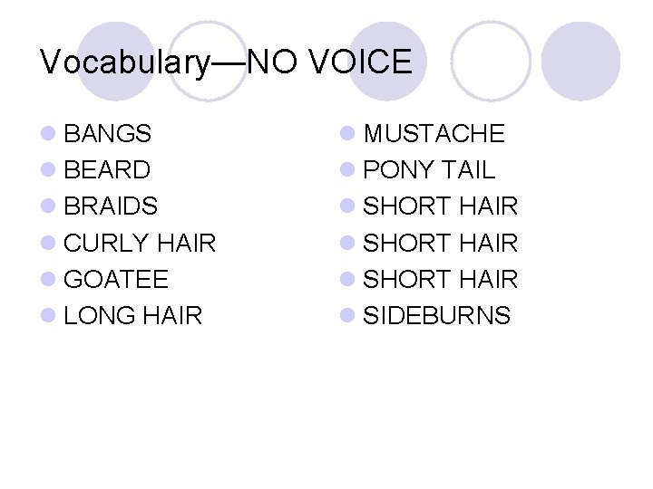 Vocabulary—NO VOICE l BANGS l BEARD l BRAIDS l CURLY HAIR l GOATEE l