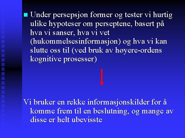 n Under persepsjon former og tester vi hurtig ulike hypoteser om perseptene, basert på