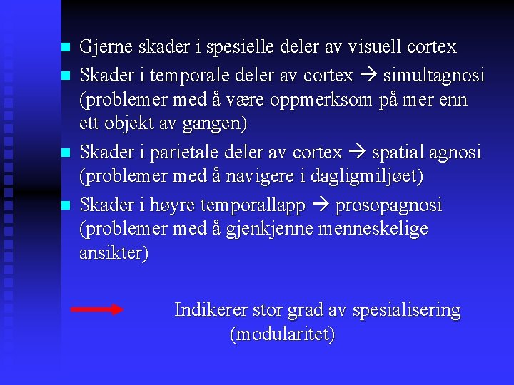 n n Gjerne skader i spesielle deler av visuell cortex Skader i temporale deler