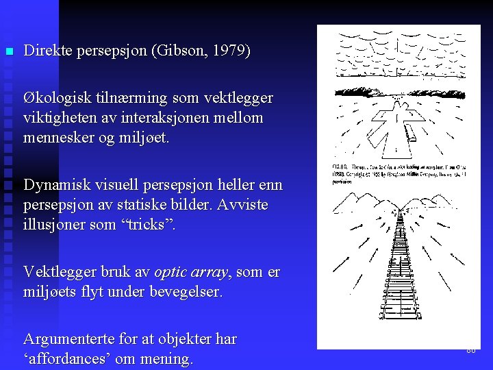 n Direkte persepsjon (Gibson, 1979) Økologisk tilnærming som vektlegger viktigheten av interaksjonen mellom mennesker