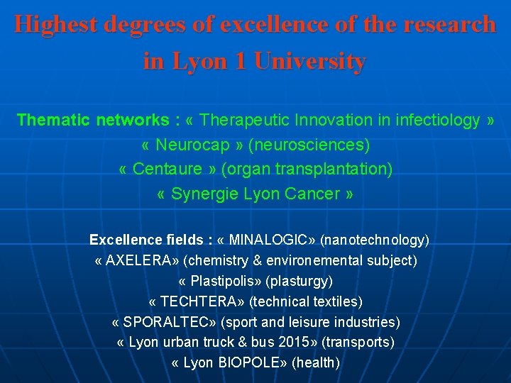 Highest degrees of excellence of the research in Lyon 1 University Thematic networks :