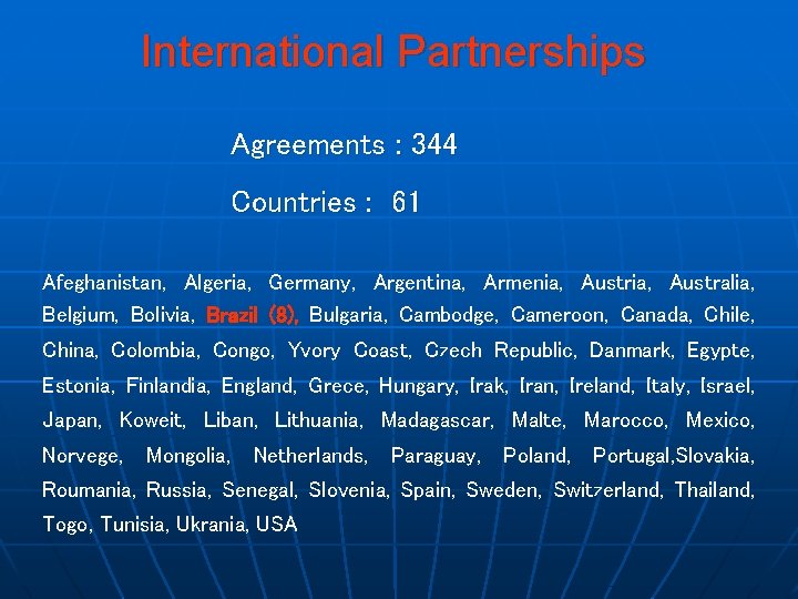 International Partnerships Agreements : 344 Countries : 61 Afeghanistan, Algeria, Germany, Argentina, Armenia, Australia,