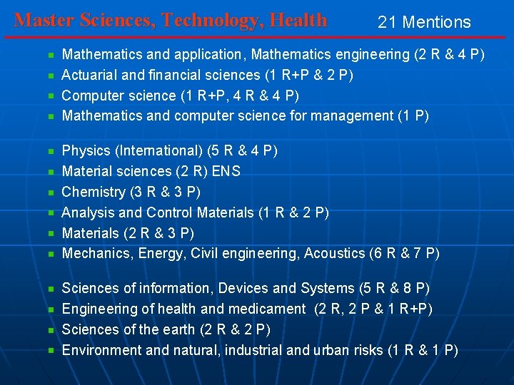 Master Sciences, Technology, Health 21 Mentions Mathematics and application, Mathematics engineering (2 R &