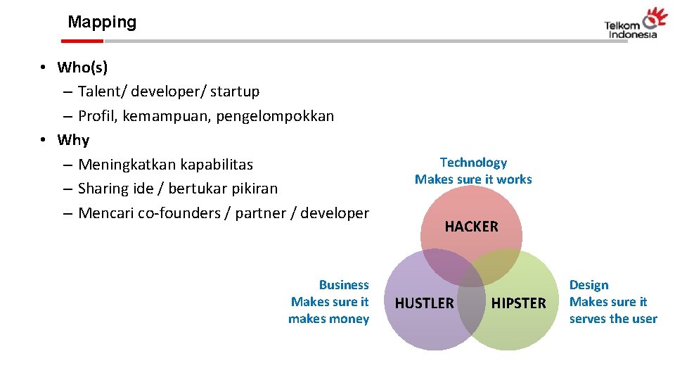 Mapping • Who(s) – Talent/ developer/ startup – Profil, kemampuan, pengelompokkan • Why –