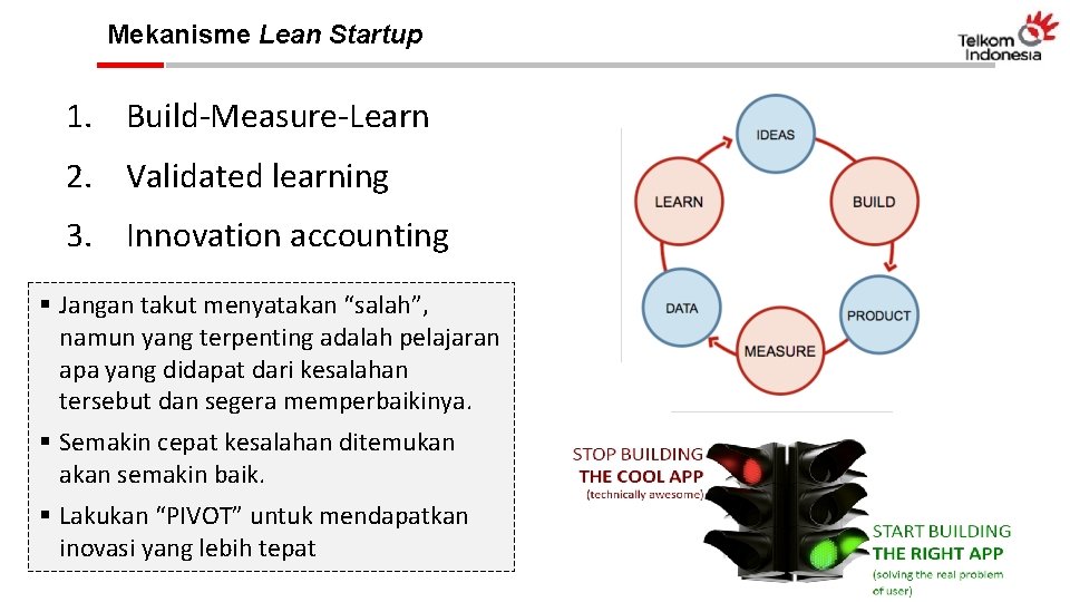 Mekanisme Lean Startup 1. Build-Measure-Learn 2. Validated learning 3. Innovation accounting § Jangan takut