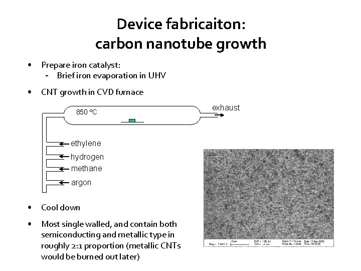 Device fabricaiton: carbon nanotube growth • Prepare iron catalyst: - Brief iron evaporation in