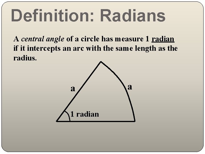 Definition: Radians A central angle of a circle has measure 1 radian if it